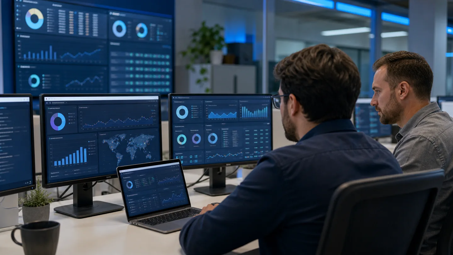 Equipo de operaciones de TI revisando paneles de monitoreo de endpoints en una mesa de servicio moderna