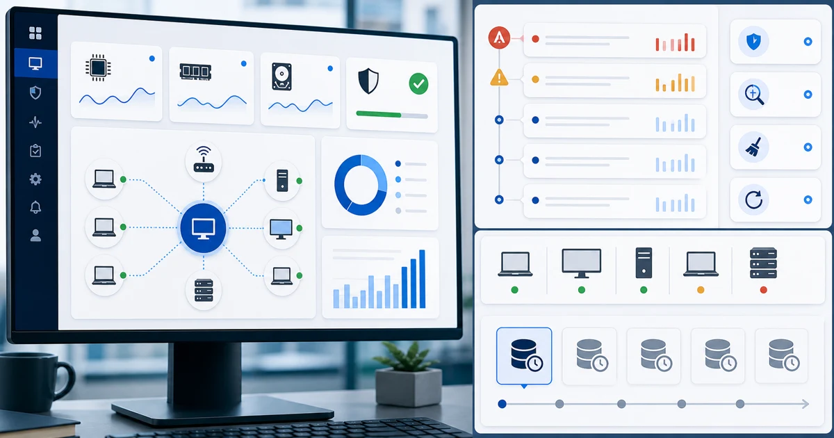 RMM monitoring panel with metrics, alerts, inventory snapshots, and action signals