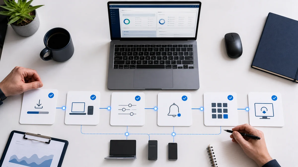 Visual onboarding workflow: install agent, validate inventory, assign policy, review alerts, verify patches, and confirm remote support readiness