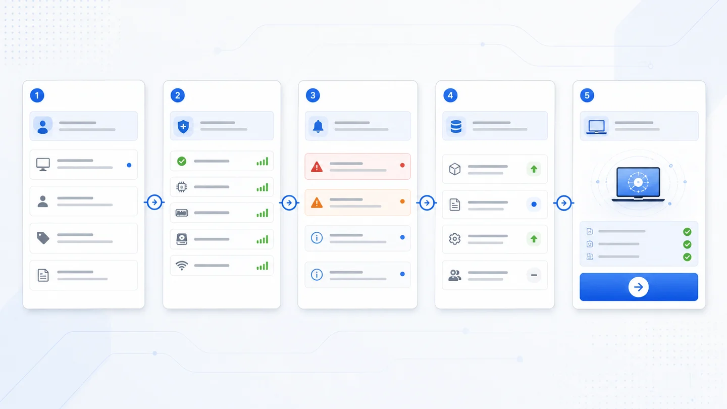 Workflow for reviewing a support request, endpoint health, alerts, inventory, and connection decision before opening a remote session