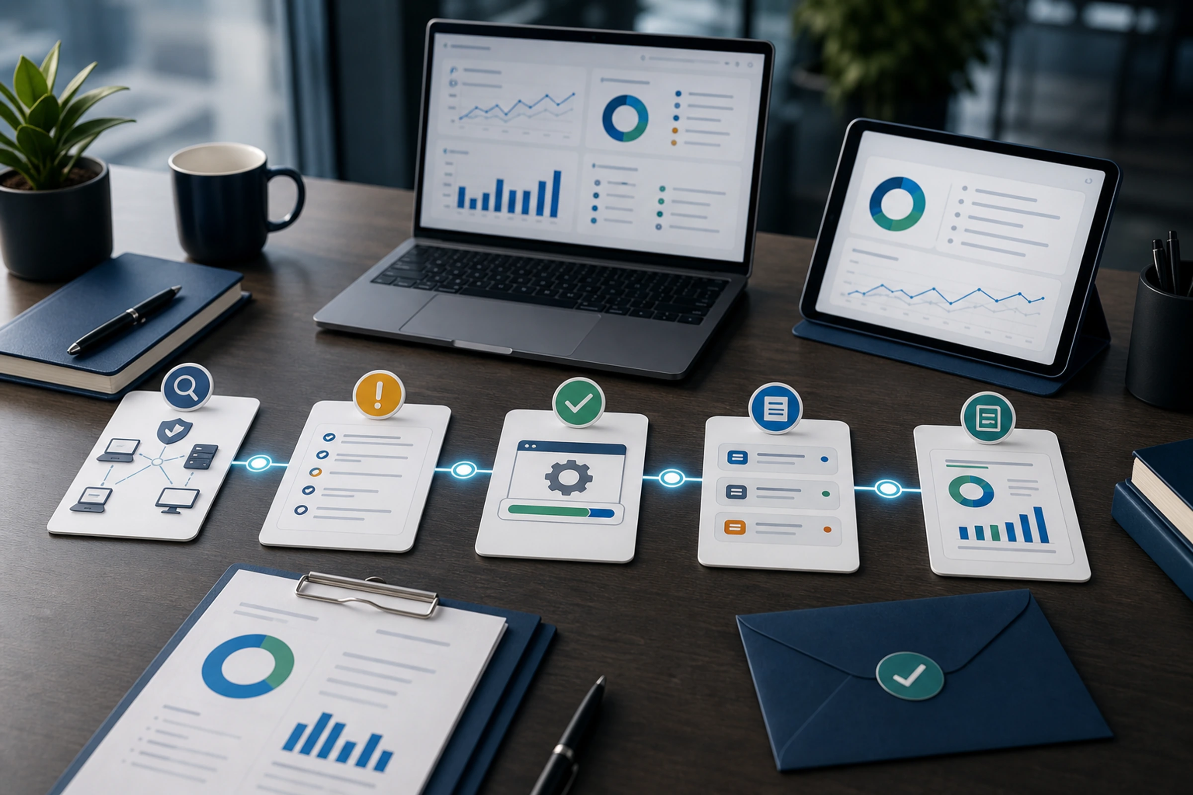 Fluxo visual para fechar o primeiro mês com inventário, alertas, patches, tickets e relatório executivo