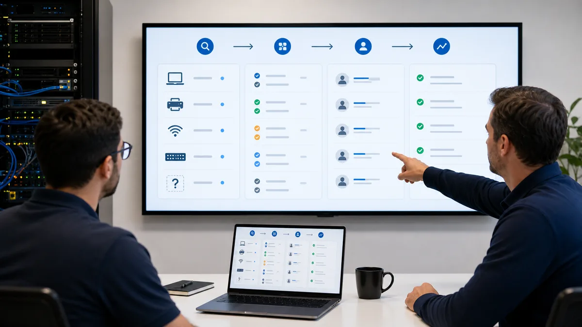 Visual workflow for network discovery, classification, ownership, and monitoring