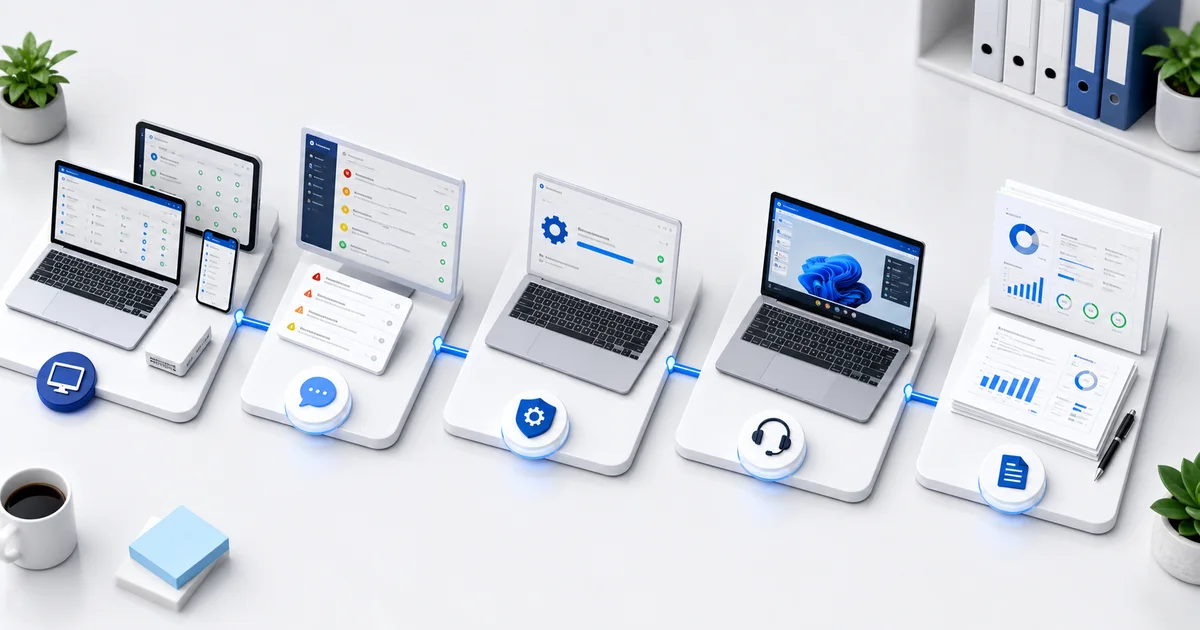 MSP operations workflow with inventory, alerts, patching, remote support, and monthly reporting