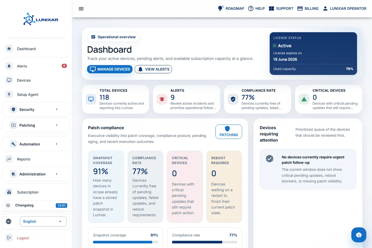 Panel de Lunixar RMM mostrando capacidad de dispositivos, alertas y cumplimiento de parches