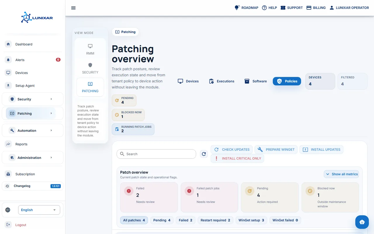 Patch management view in Lunixar RMM with pending updates.