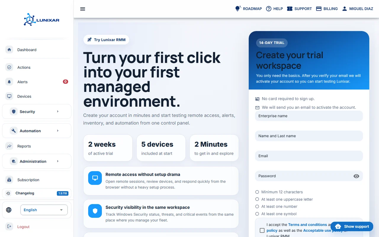 Lunixar RMM trial signup screen with two weeks of access and five starter devices