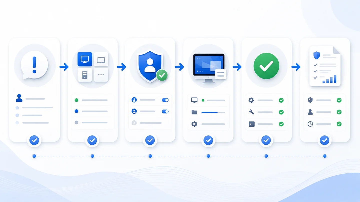 Visual workflow for remote support with request, authorization, session, action, and evidence