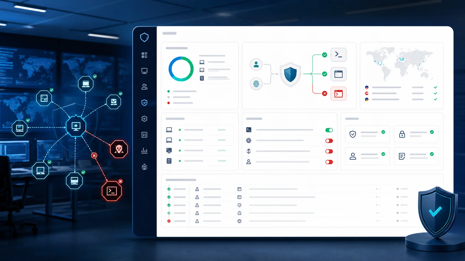 Console de seguranca RMM com endpoints gerenciados, controles de confianca e execucoes bloqueadas.
