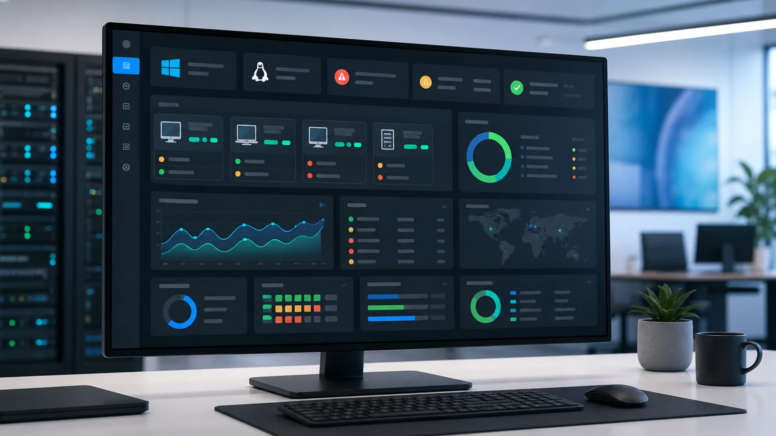 Panel RMM unificado con monitoreo, alertas, parches y soporte remoto de endpoints