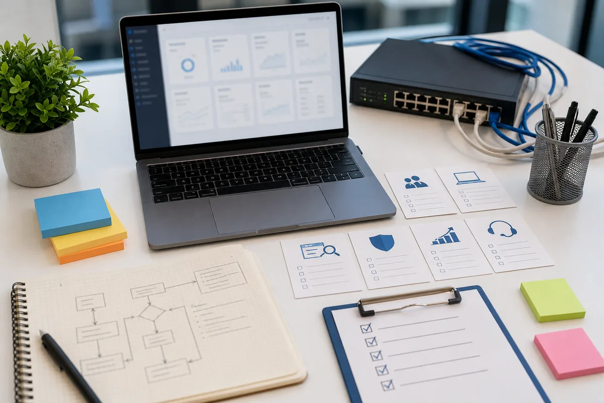 Mesa de planejamento operacional para uma empresa de TI com laptop, checklist, cartoes de servico e equipamento de rede